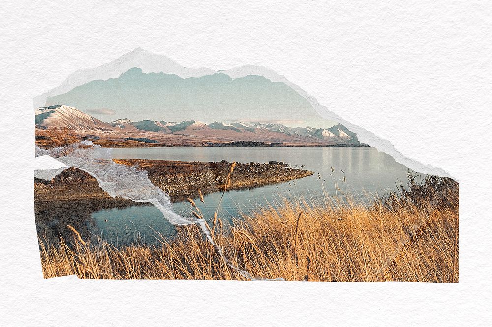 Lake landscape clipart, torn paper  psd