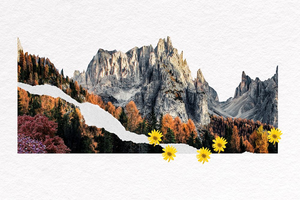Mountain landscape border,  torn paper psd