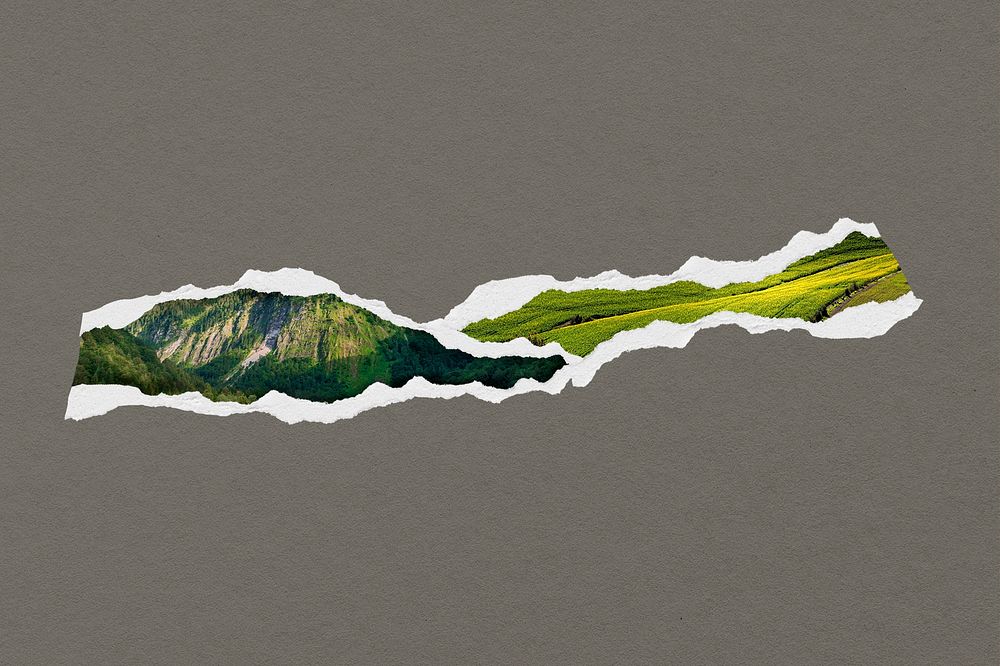 Green mountain clipart, ripped paper psd