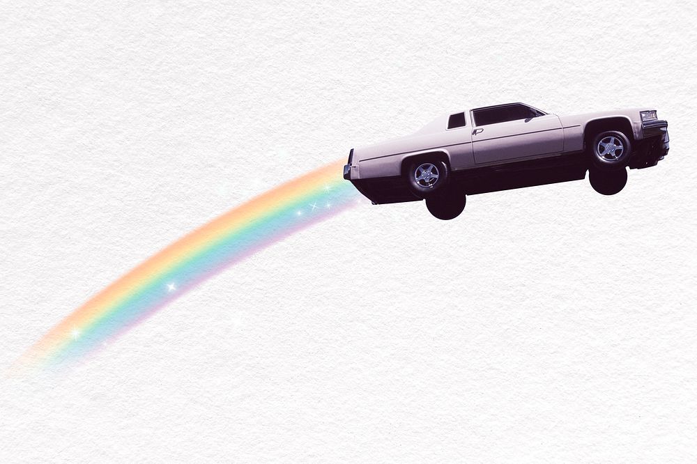 Vintage flying car collage element, rainbow bling psd