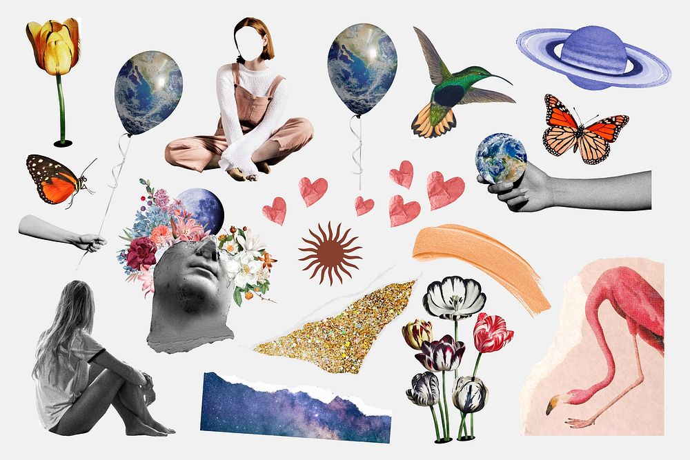 Health & wellness collage set clip art, surreal mixed media design vector