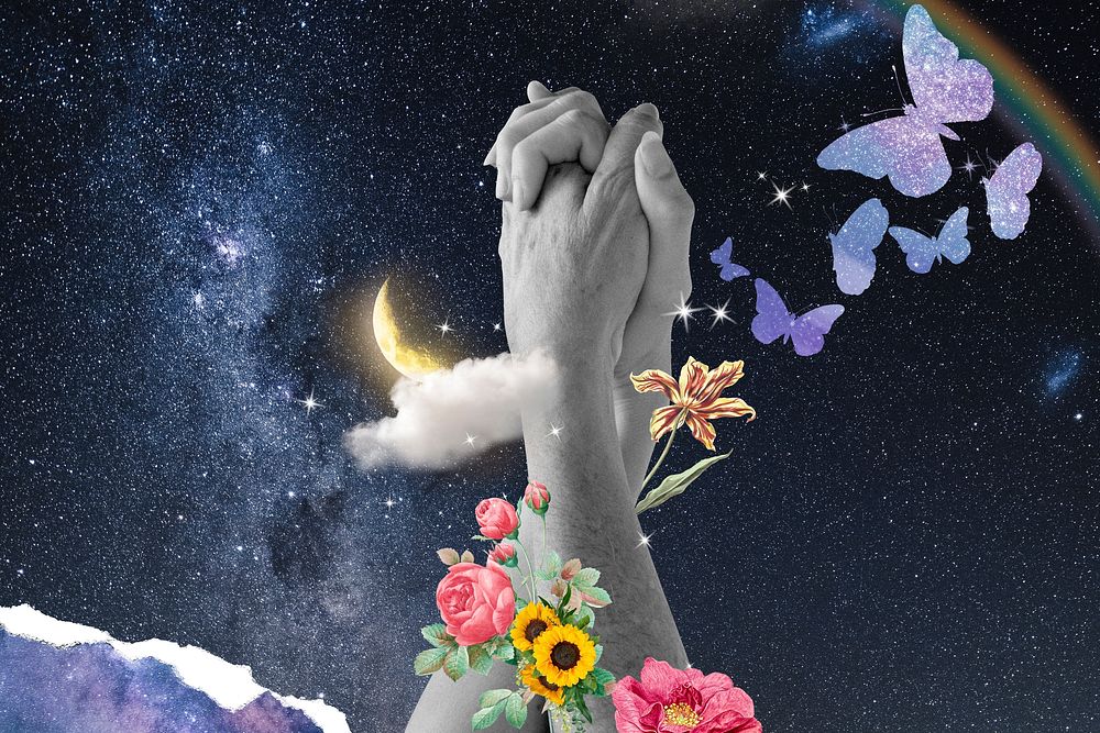 Holding hands background, sky surreal collage mixed media illustration