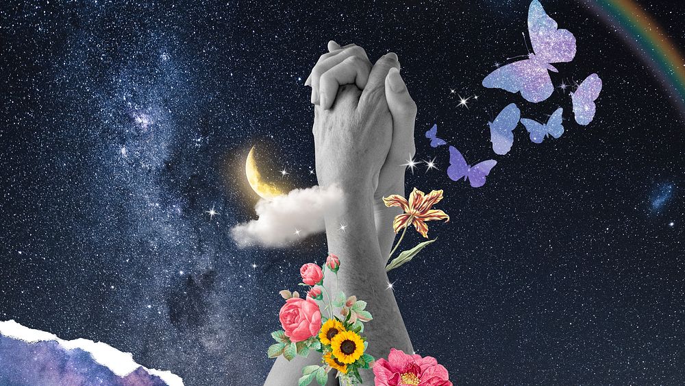 Clasped hands desktop wallpaper, galaxy sky background