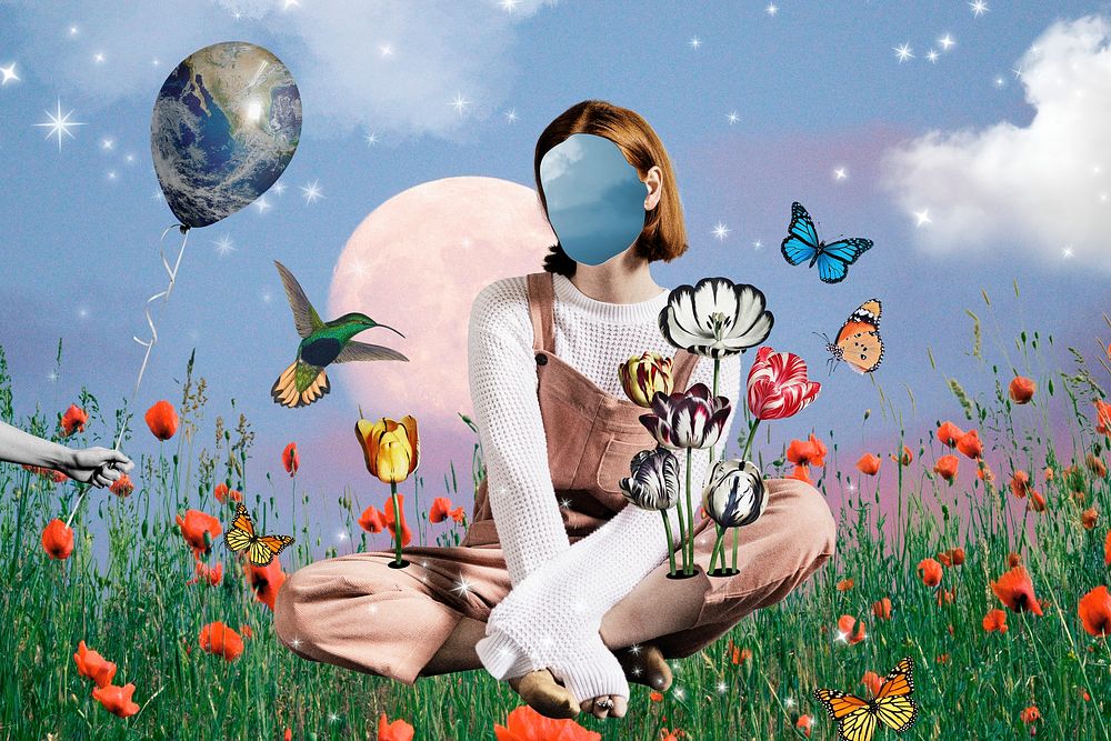 Surreal aesthetic background, faceless woman collage mixed media illustration psd