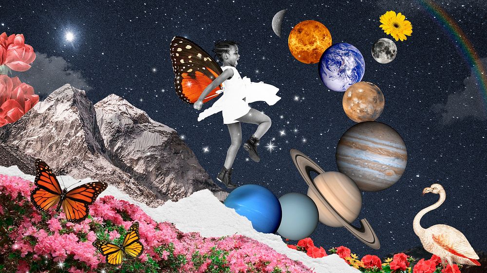 Outer space landscape desktop wallpaper, little girl background