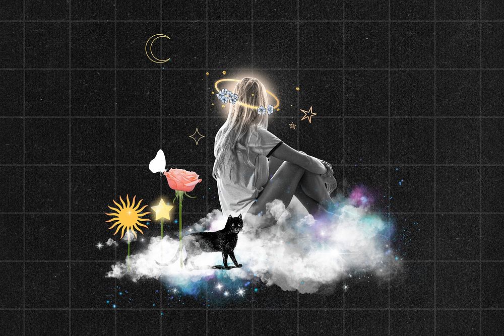 Lonely woman background, surreal collage art mixed media illustration