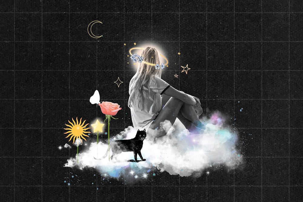 Lonely woman background, surreal collage art design vector