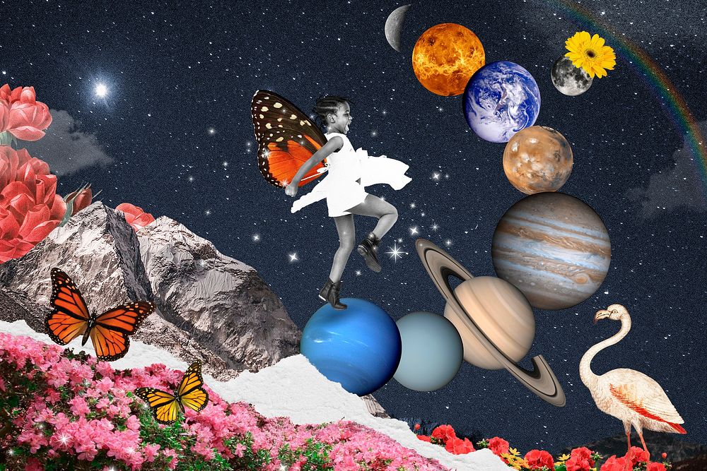 Outer space landscape background, little girl mixed media illustration