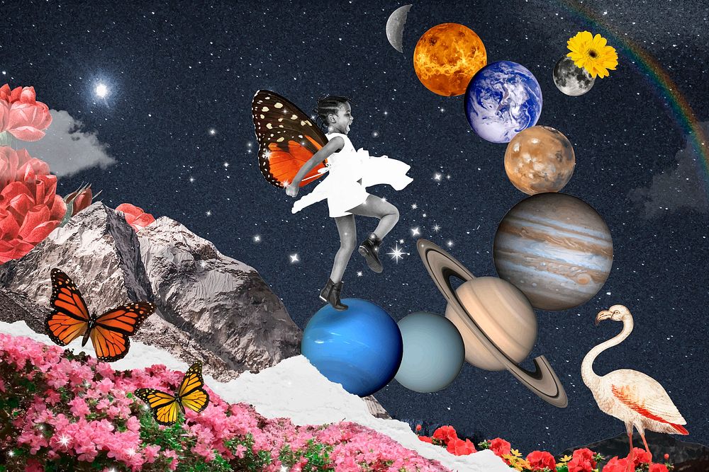 Surreal escapism background, planet collage art design vector
