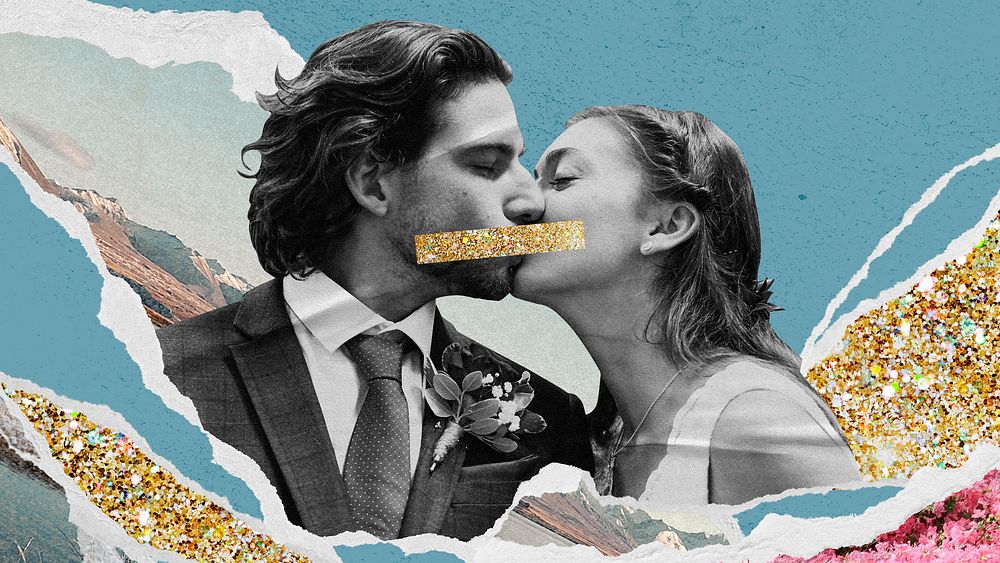Lovers kissing desktop wallpaper, ripped paper background