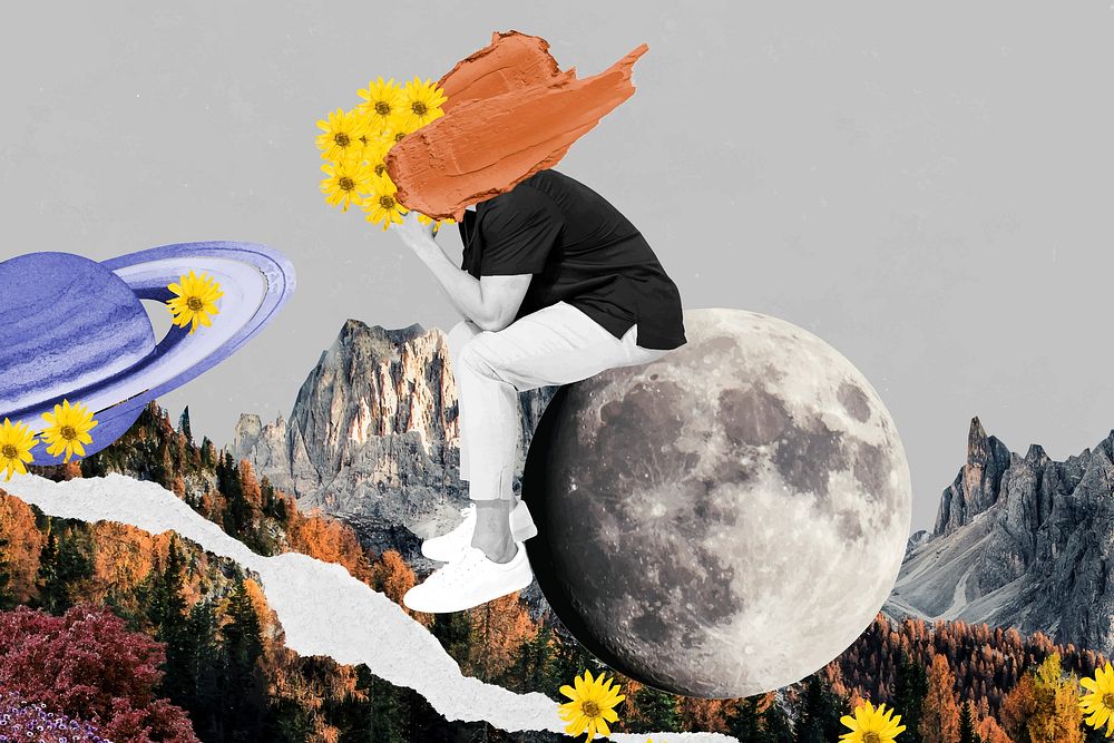 Moon collage art background, surreal escapism design vector