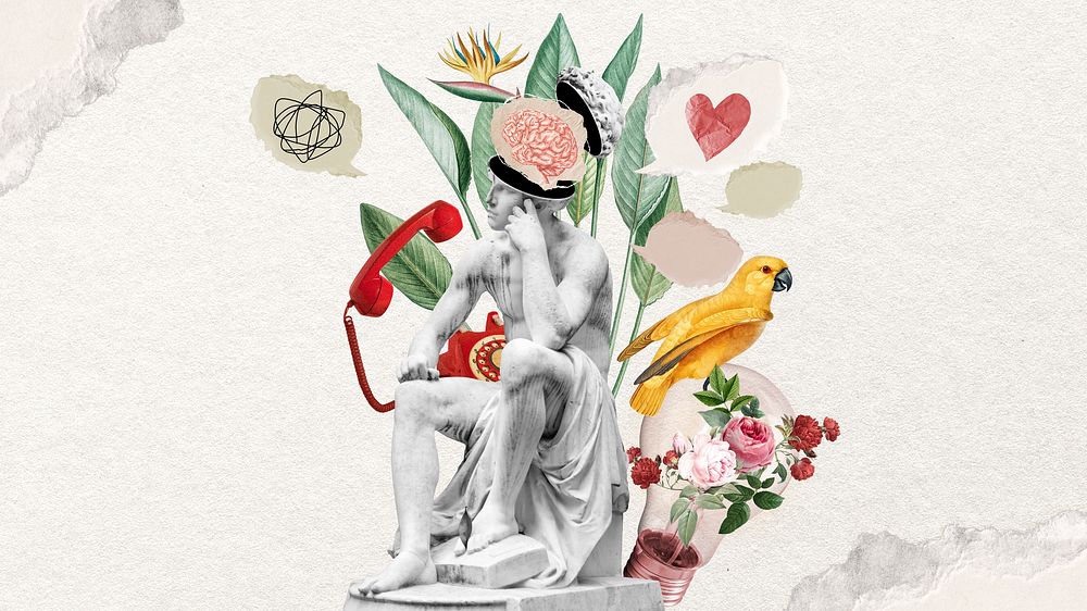 Statue collage art desktop wallpaper, mixed media background