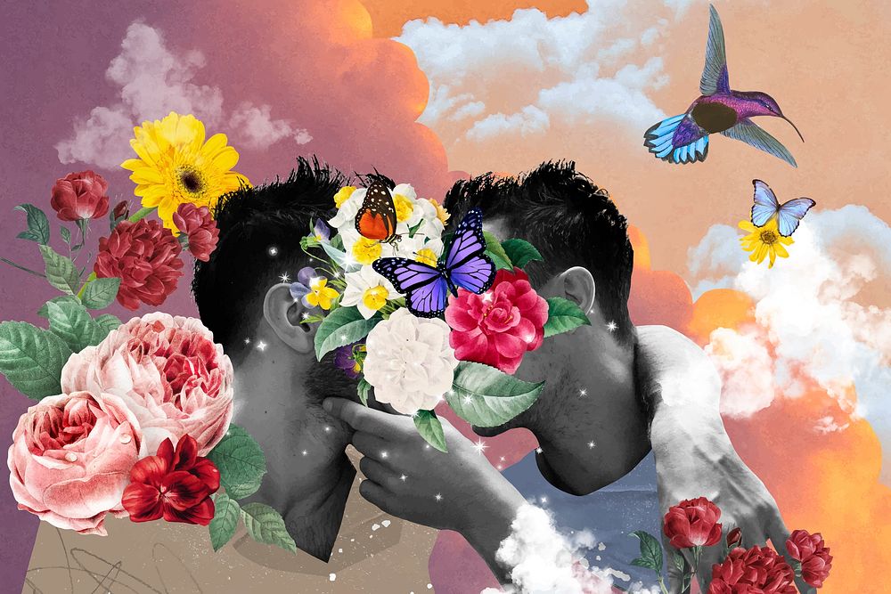 Gay couple kissing background, floral face collage art design vector