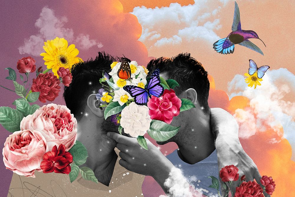 Gay couple kissing background, floral face collage art mixed media illustration psd