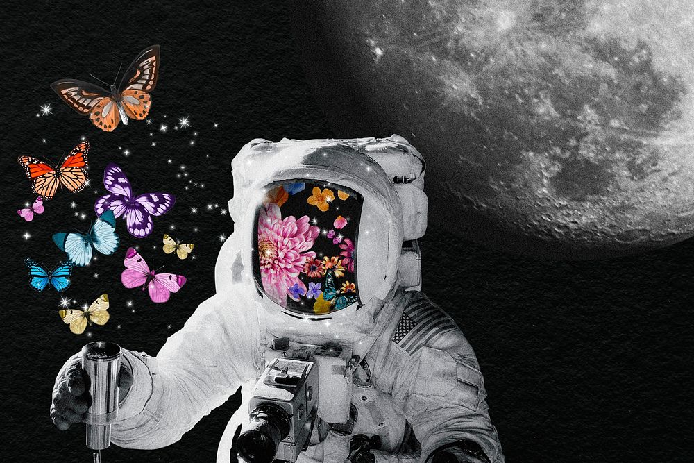 Astronaut collage art background, butterfly mixed media illustration