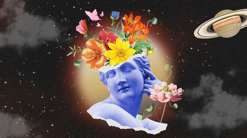 Flora statue head computer wallpaper, outer space background