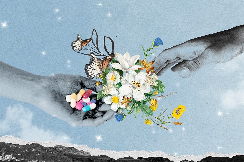 Helping hand background, mental health mixed media illustration