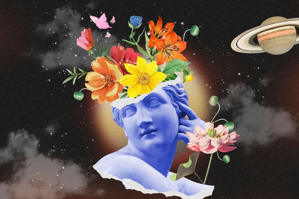Flora statue head background, outer space mixed media illustration psd