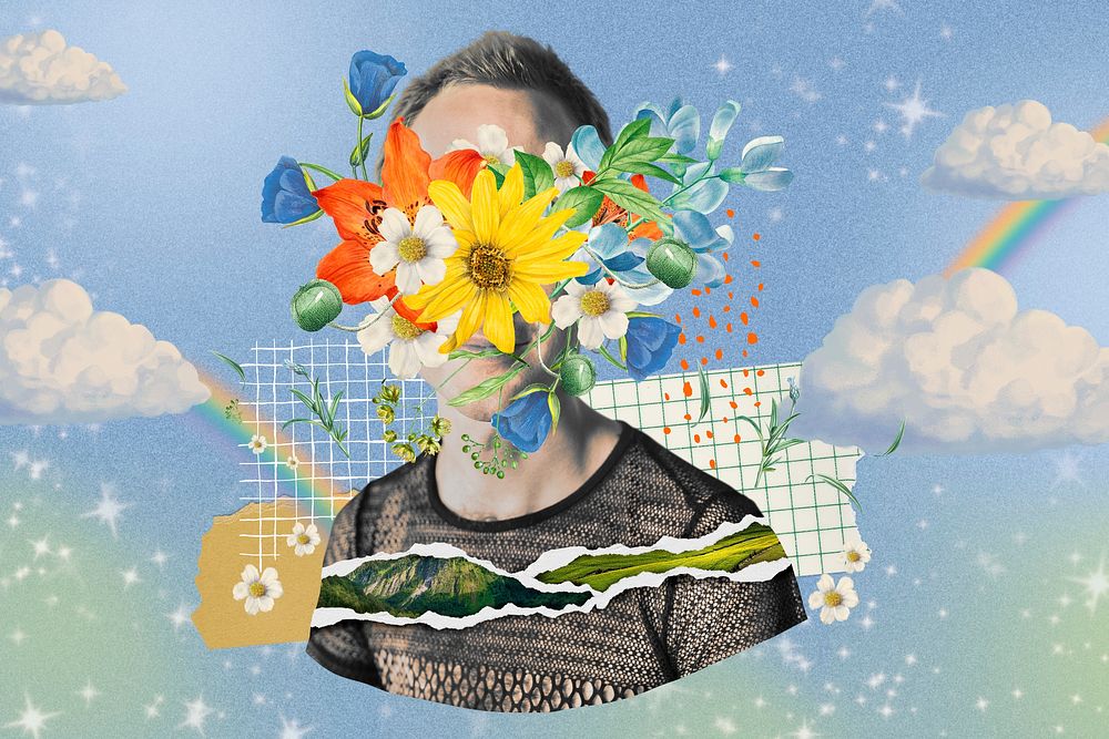 Flower face man background, sky mixed media illustration psd