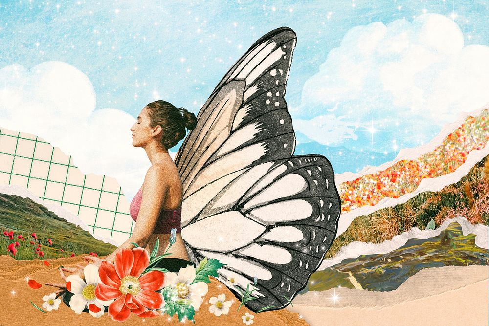 Yoga woman illustration, butterfly wing mixed media design