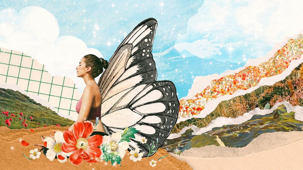 Butterfly wing woman desktop wallpaper, mindfulness mixed media background