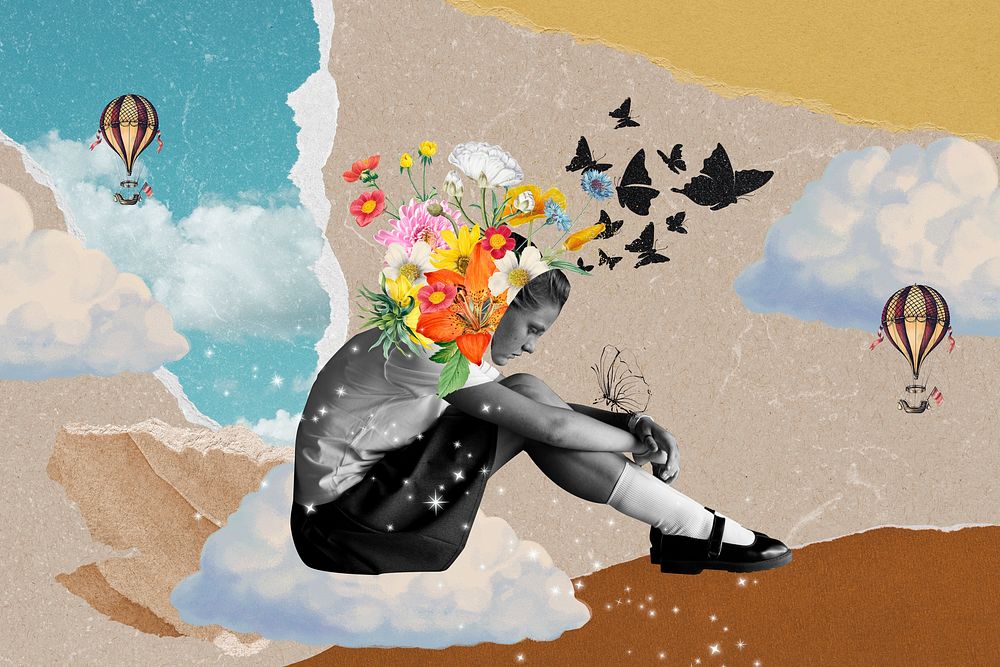 Sad girl background, mental health mixed media illustration