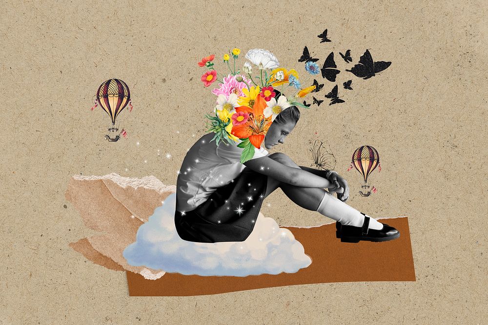 Sad woman background, surreal escapism mixed media illustration