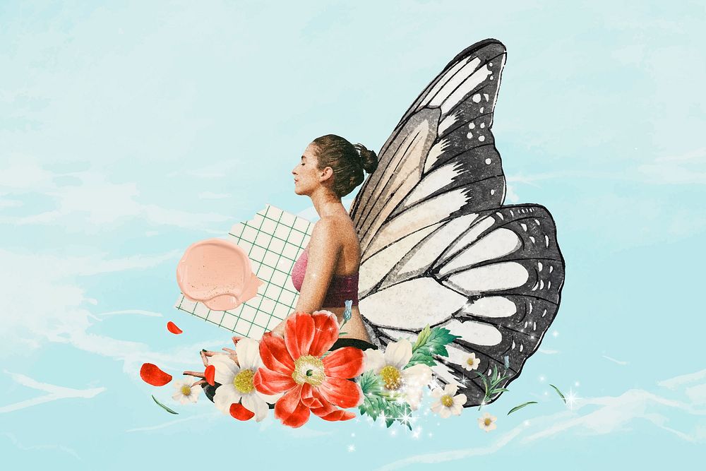 Woman meditation background, butterfly wing mixed media vector