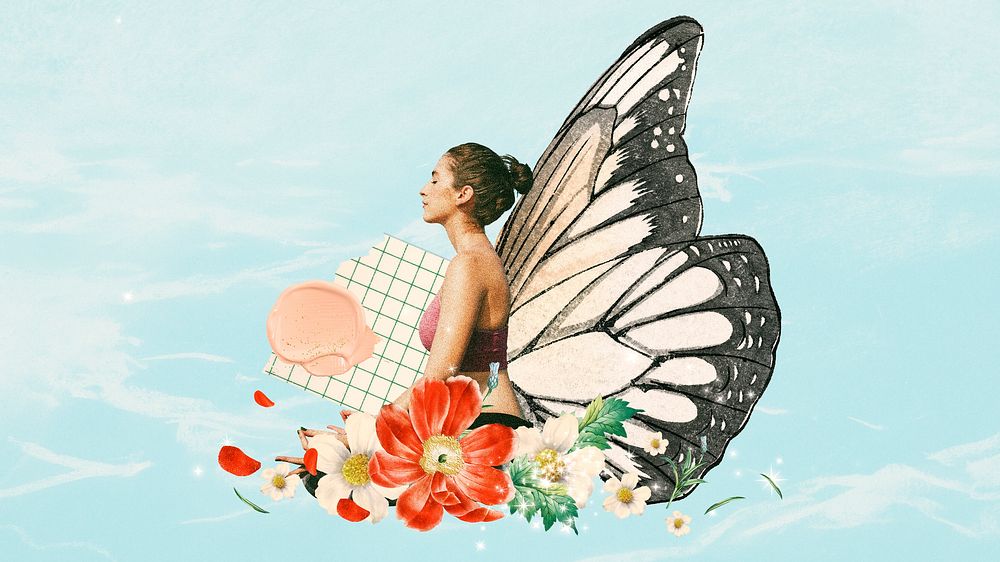 Butterfly wing woman desktop wallpaper, blue background