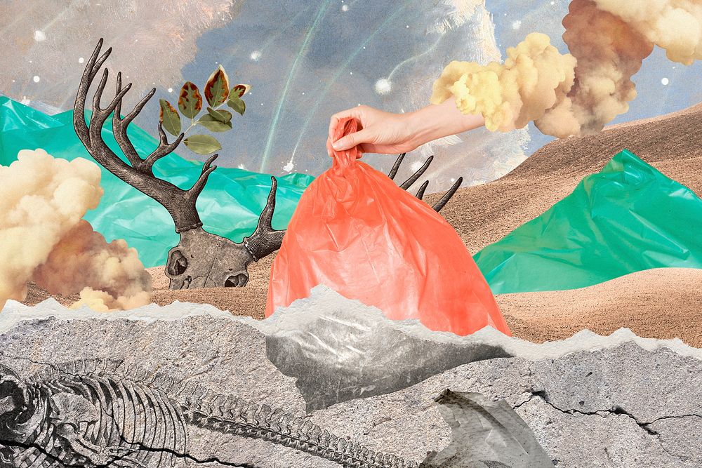 Garbage landfill surreal collage, environment & trash management design psd