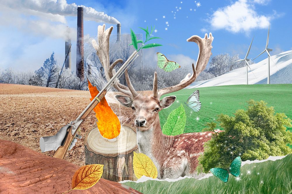 Deer in nature background, mixed media collage