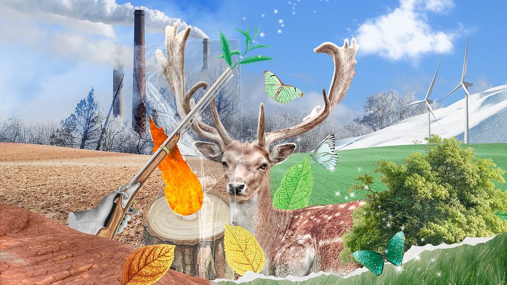 Deer in nature desktop wallpaper, mixed media collage