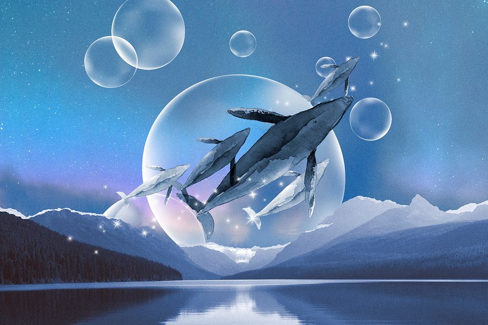 Whale & nature collage element, surreal environment background psd