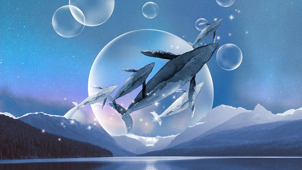 Surreal animal desktop wallpaper, whale jumping, nature background