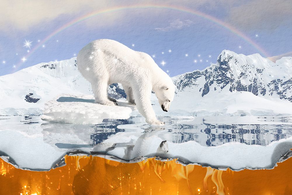 Polar bear on melting glacier background, surreal environment design 