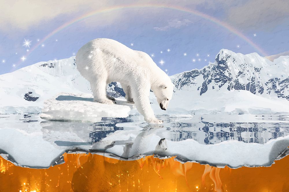 Polar bear, melting glacier background, global warming design vector