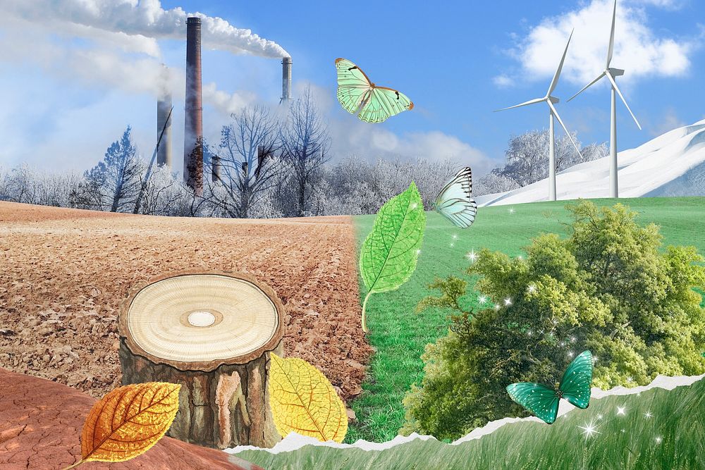 Environment collage background, consequences of hurting nature