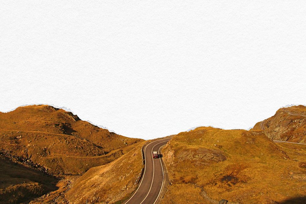 Mountain road ripped paper border, nature background psd