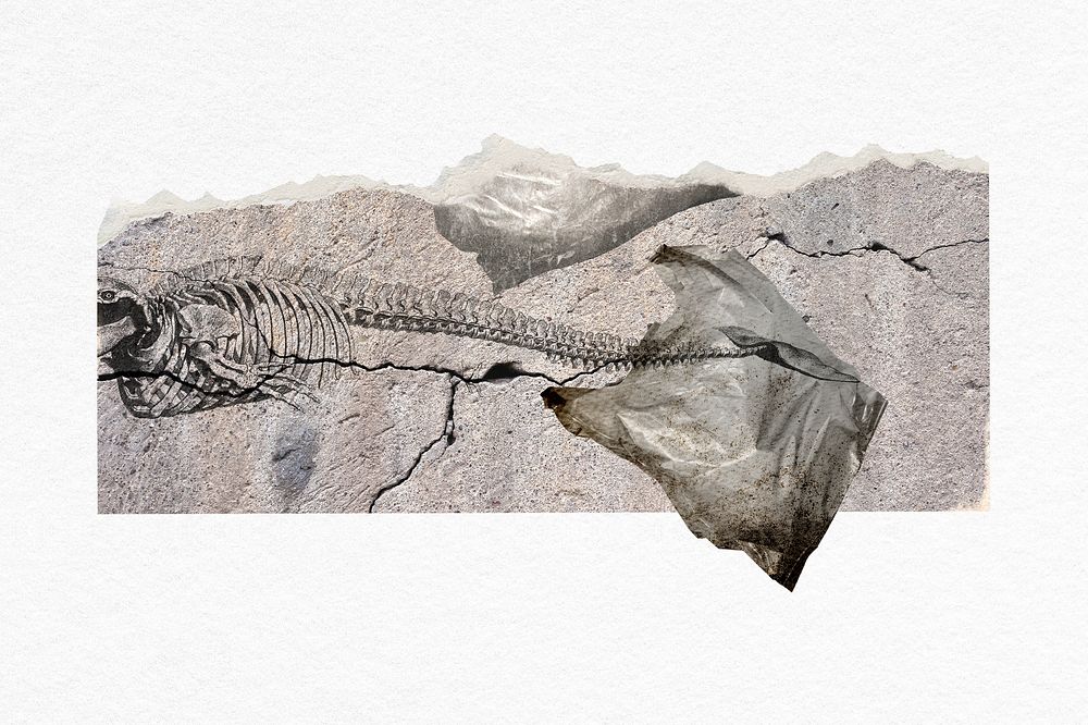 Fossil in concrete ripped paper border psd