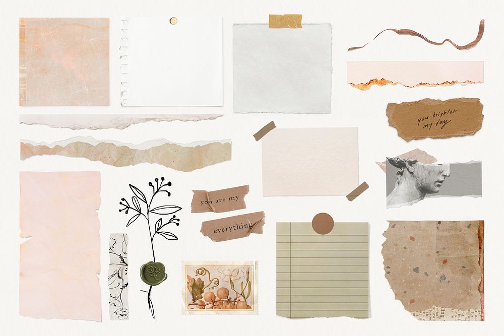 Aesthetic torn paper ephemera collage element set psd