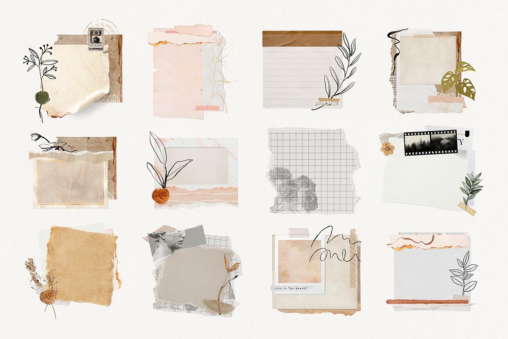 Ripped paper ephemera collage element set psd