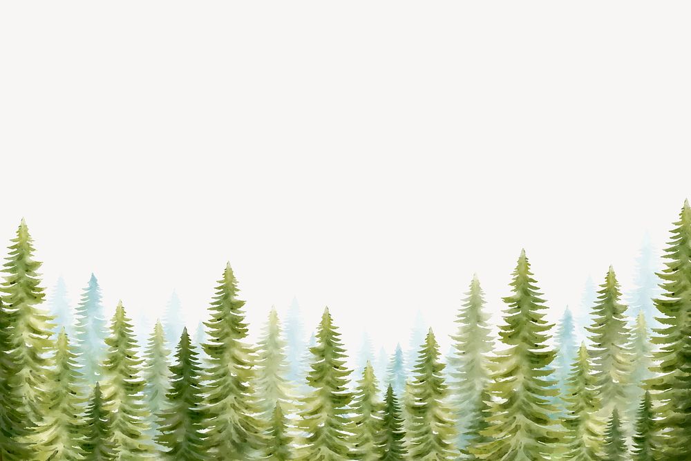 Watercolor forest background, pine trees border clipart vector