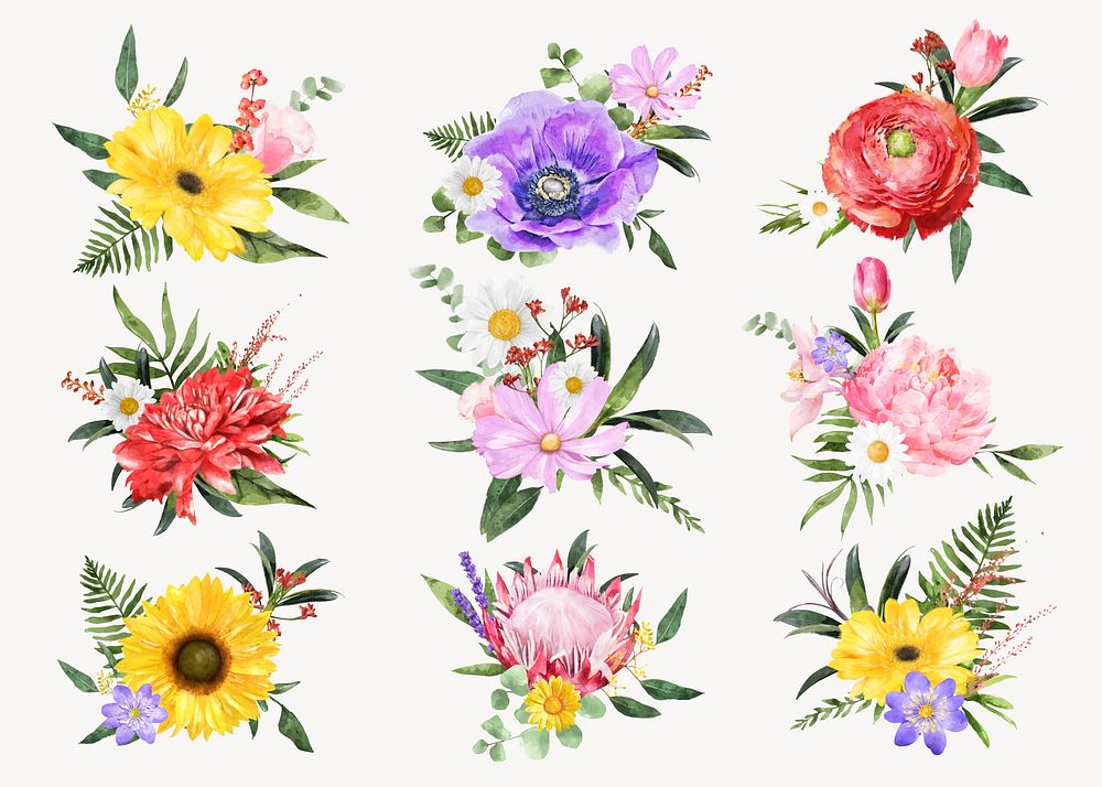 Spring flowers, watercolor collage element vector set