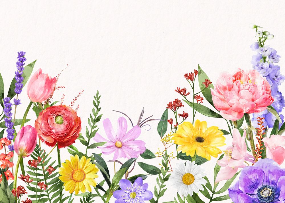 Watercolor spring background, colorful flower border psd