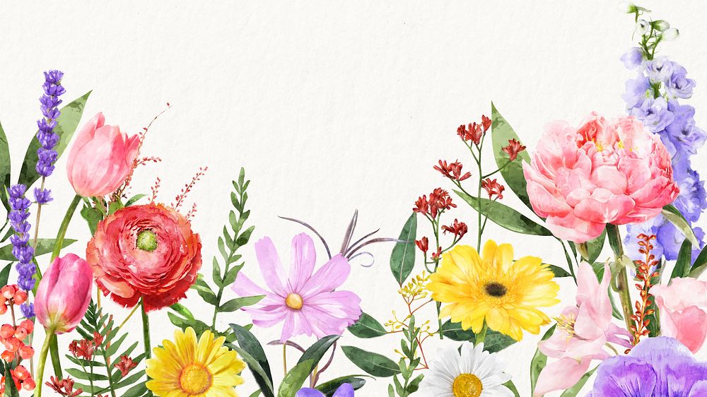 Spring desktop wallpaper, watercolor flowers border design