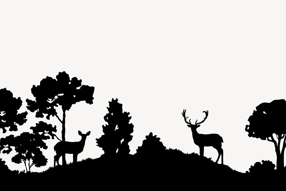 Nature silhouette clipart, deer in forest border vector