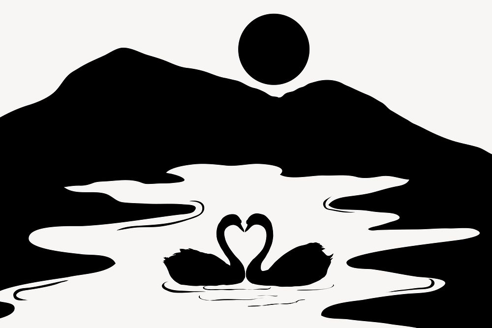 Silhouette nature, swan in lake collage element vector
