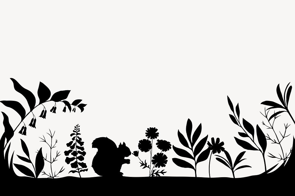 Silhouette nature border, beige background, squirrel and flower illustration