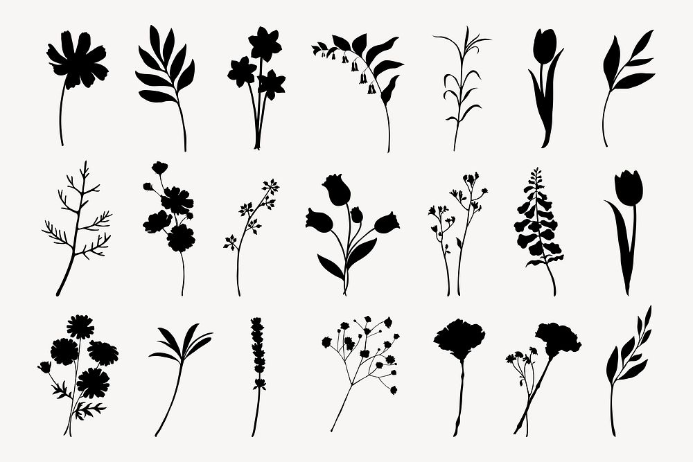 Silhouette flower collage element psd set