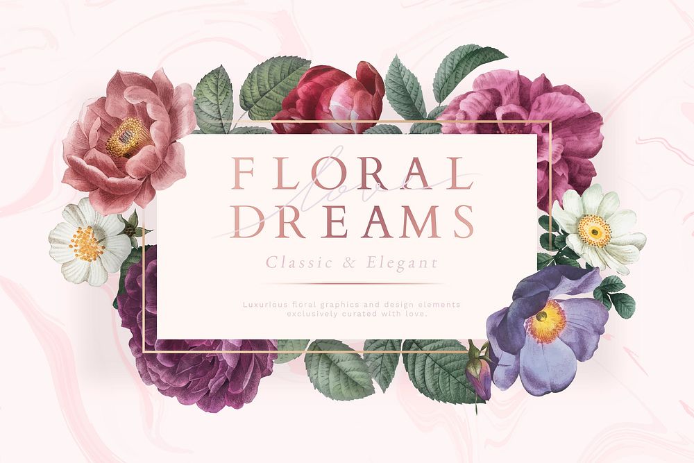 Floral dreams banner on a marble textured background vector